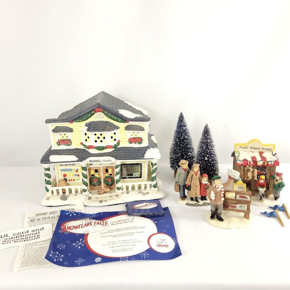 NEW Snowflake Falls Christmas Village - 8 Piece Lighted General Store Set 2002